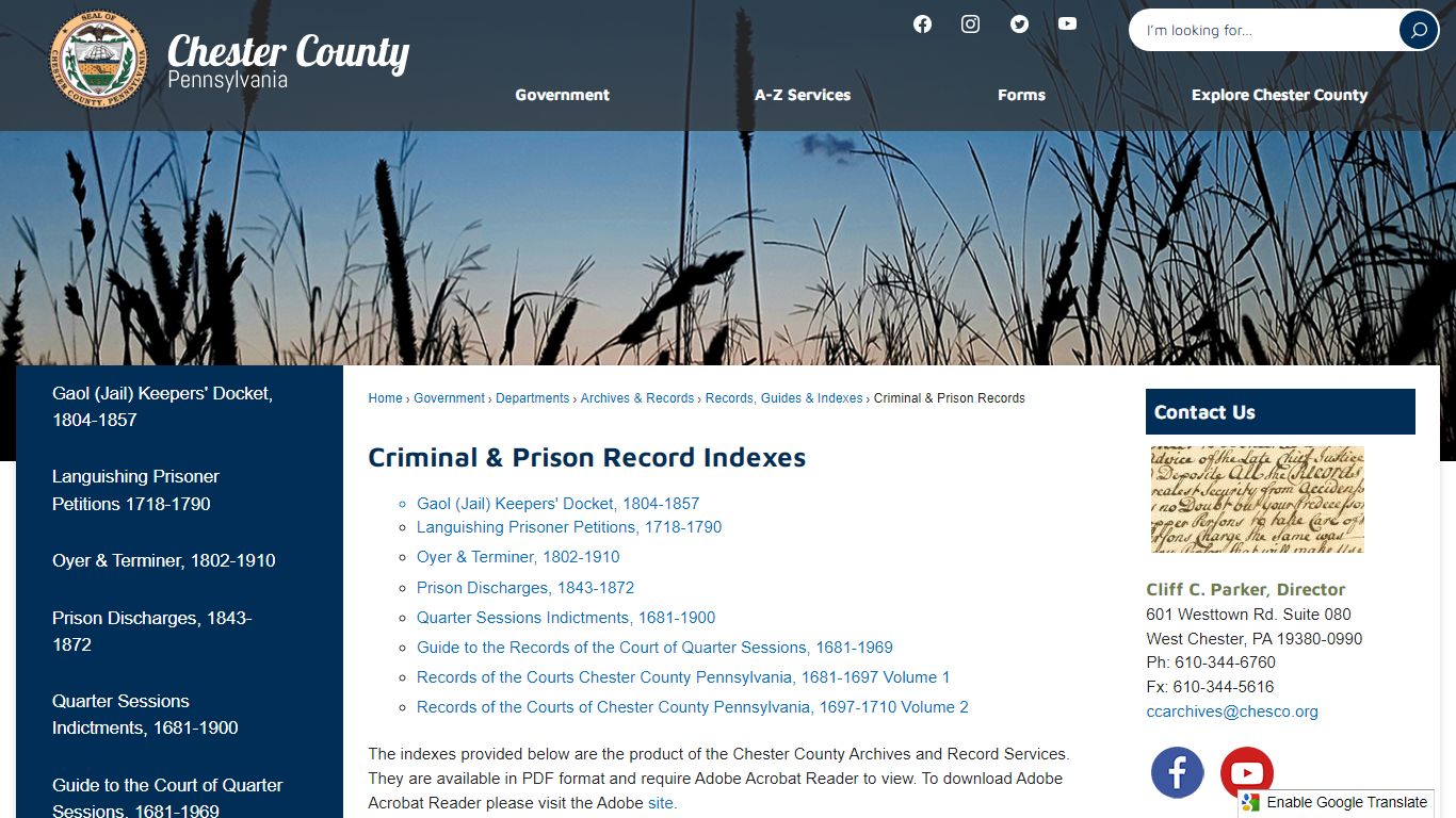 Criminal & Prison Record Indexes - Chester County, PA